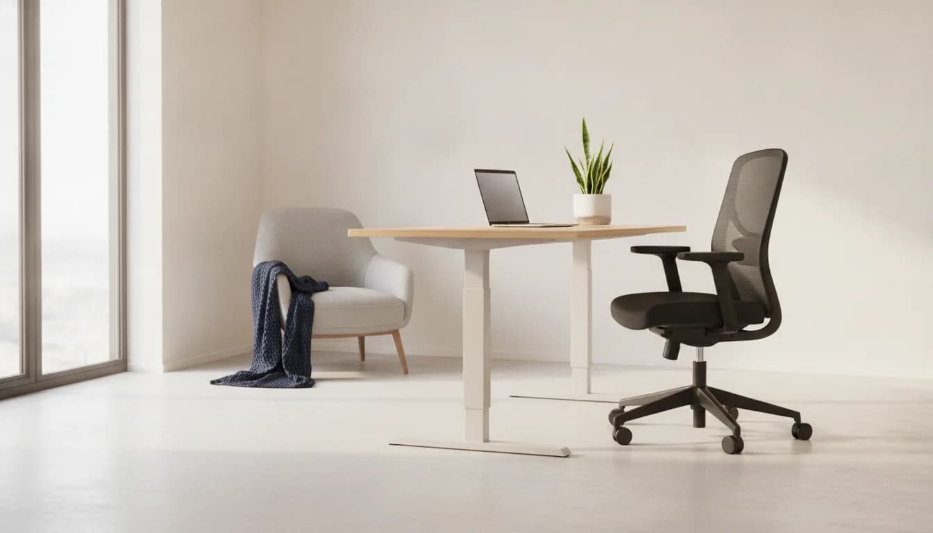A calm, beautifully designed home office with a navy ergonomic chair