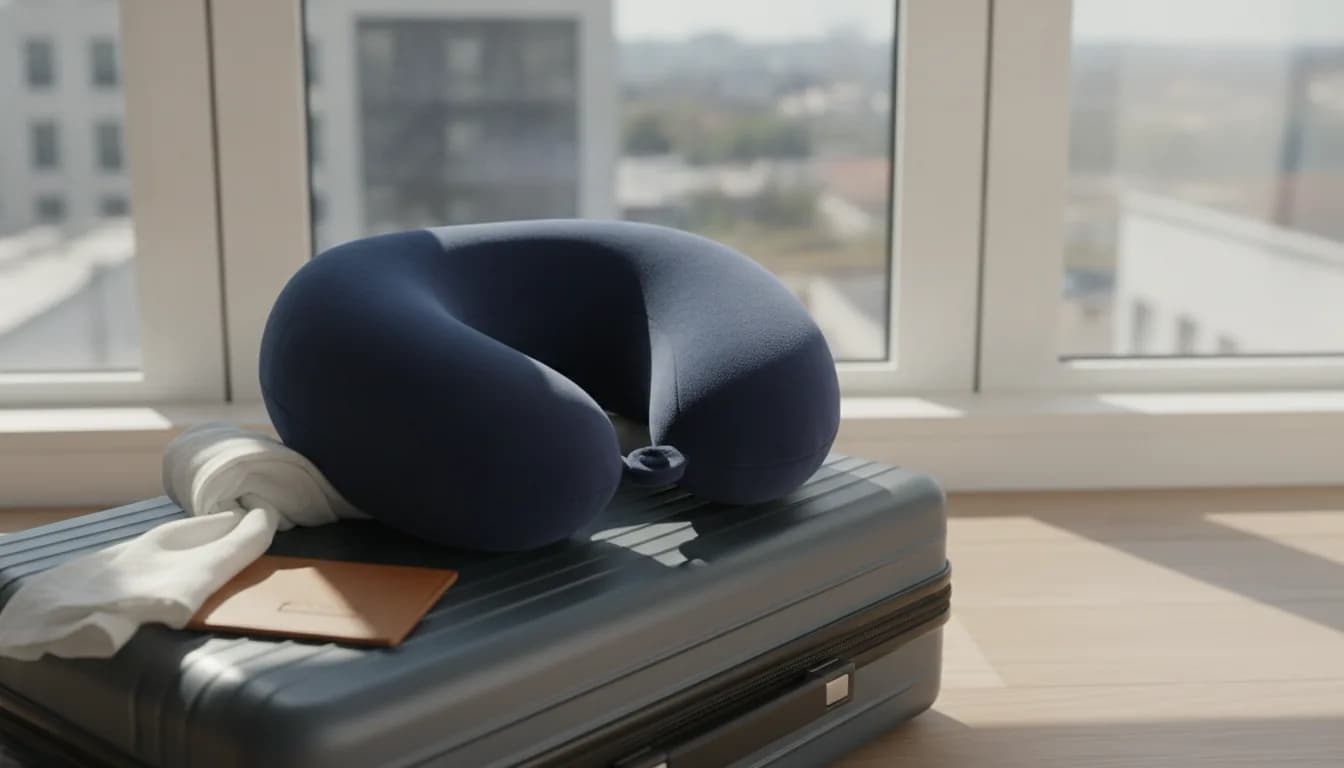 Traveller asleep upright in a seat using a memory foam neck support pillow that catches the chin and stops the head falling forward