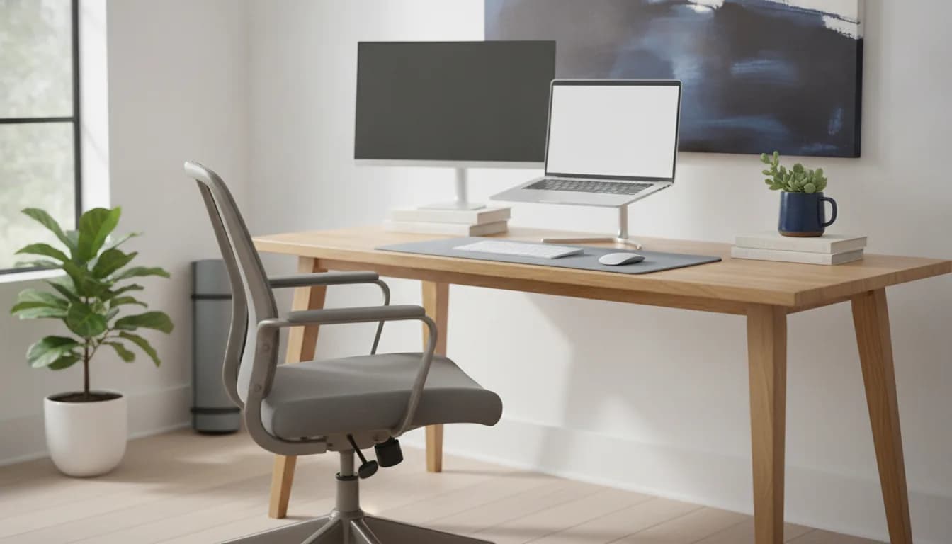 Affordable home-office desk with monitor raised on books, a lumbar pillow, footrest and seat cushion arranged as a budget ergonomic setup