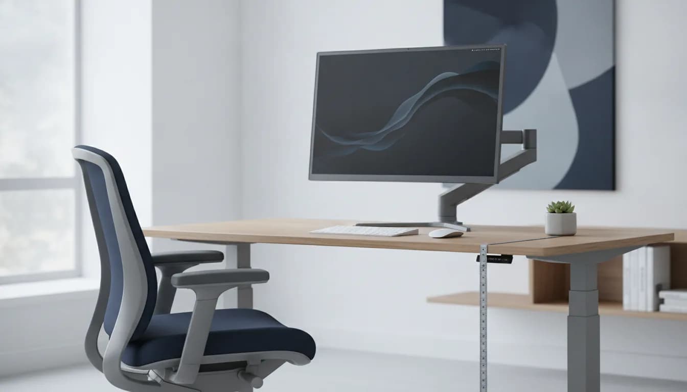 Person at a height-adjustable desk set to sitting height with feet supported and forearms level in a home office