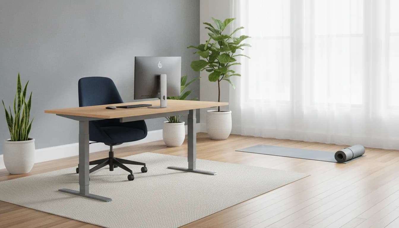 Office worker keeping their feet moving on an ergonomic foot rocker while taking a stretch break at a desk