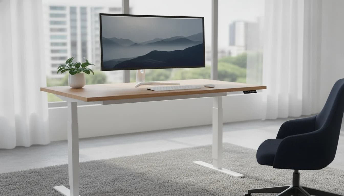 A height-adjustable standing desk raised to standing height in a bright, minimalist home office, with a monitor at eye level and an ergonomic chair beside it
