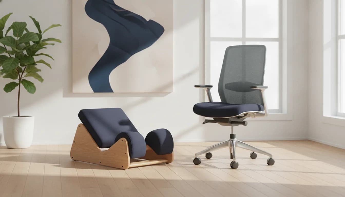 An adjustable LumaSpine Pro ergonomic office chair set up at a desk in a bright home office, shown as the everyday alternative to a kneeling chair