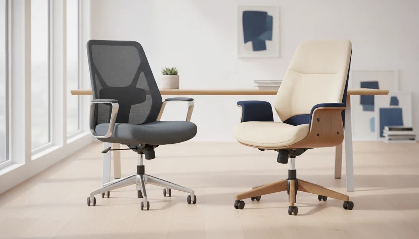 An executive mesh office chair with a breathable woven backrest set up at a desk in a bright home office
