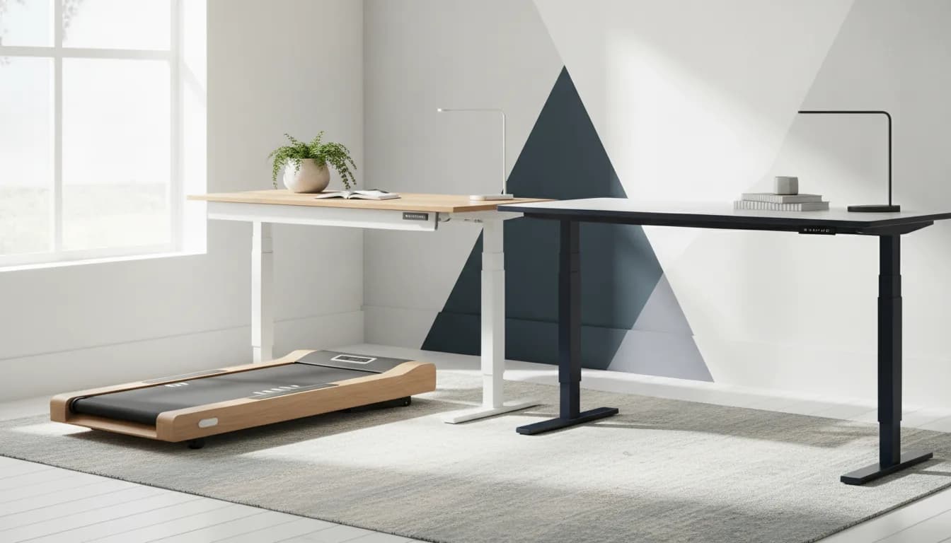 An adjustable standing desk raised to standing height in a bright home office with a monitor, keyboard and laptop on a clean wooden top