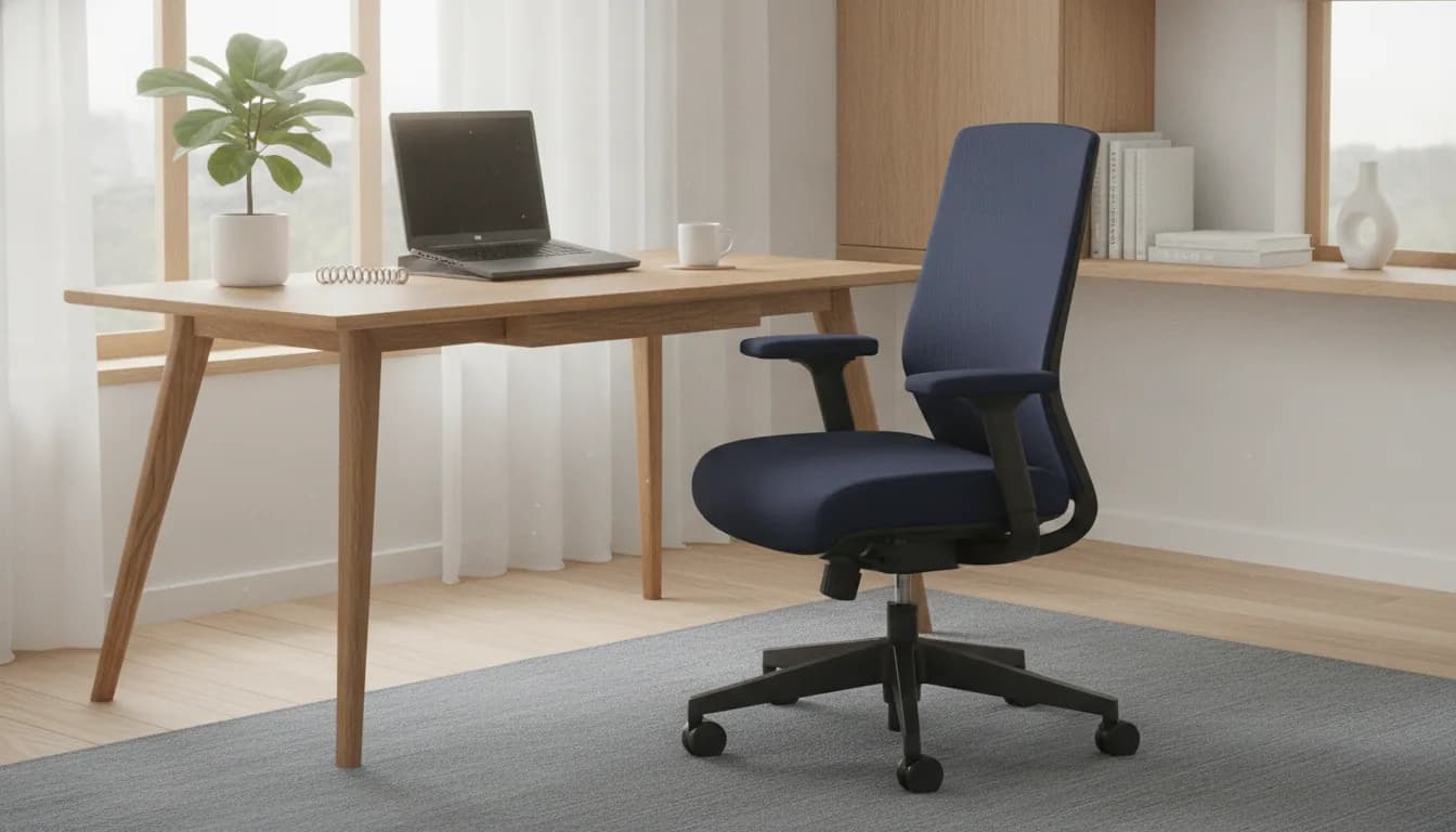 Home-office workspace with a supported office chair, lumbar pillow, and laptop raised to eye level on a desk