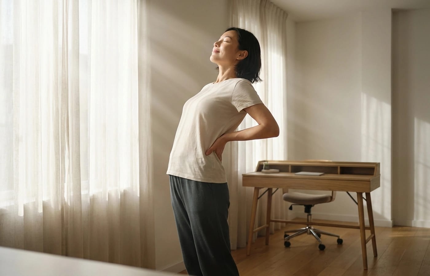 Person stretching to recover after long hours sitting at a desk
