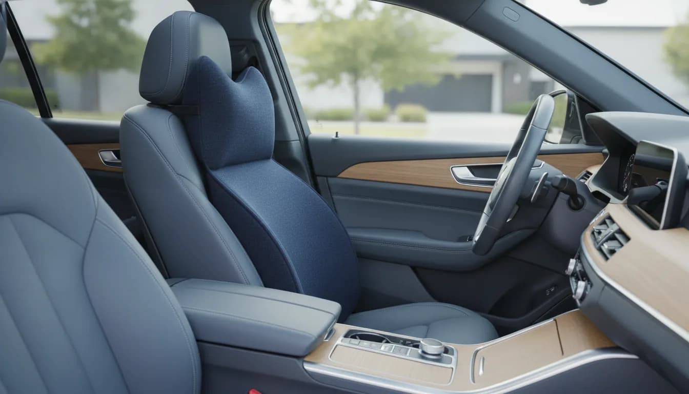 Driver seated in a car with an ERGOLA lumbar pillow supporting the curve of their lower back against the seat
