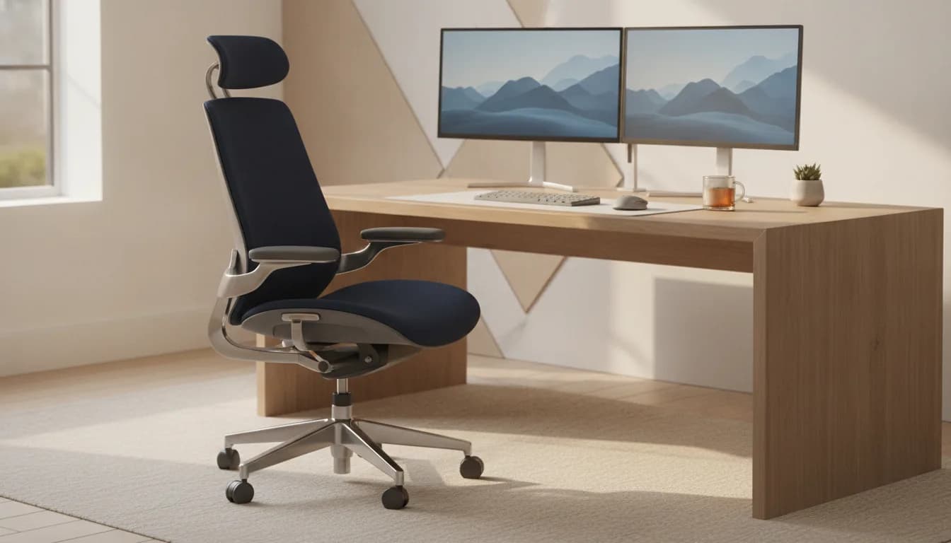 LumaSpine Pro ergonomischer Bürostuhl an einem Homeoffice-Schreibtisch für lange Arbeitssitzungen am Computer, mit Netzrücken und verstellbarer Lendenwirbelstütze