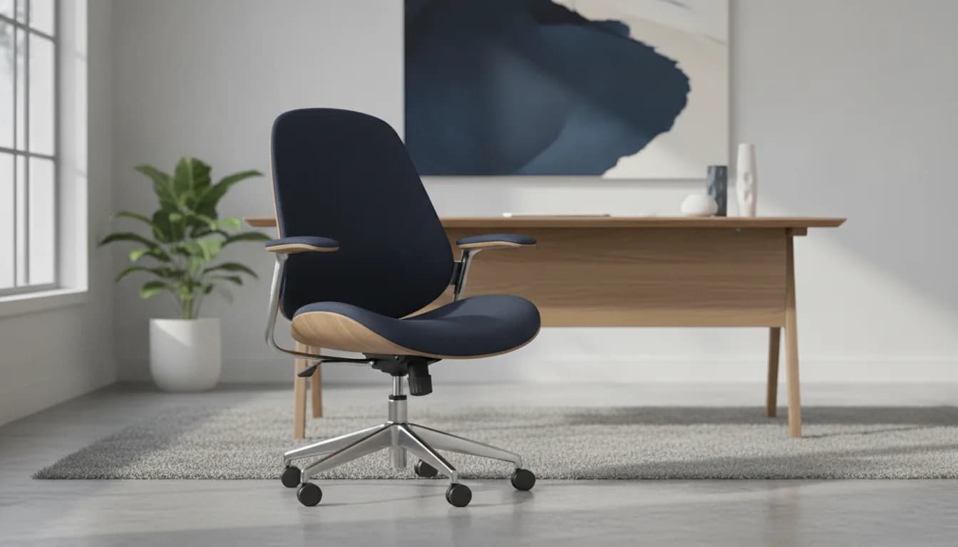 An ergonomic mesh office chair with height-adjustable lumbar support set up at a tidy desk in a home office