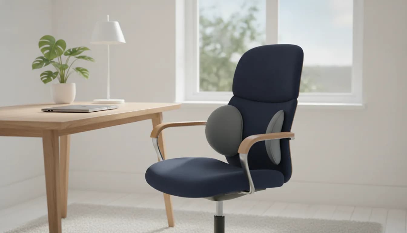 Person sitting upright on an office chair with an ERGOLA lumbar support pillow holding the lower back in its natural curve