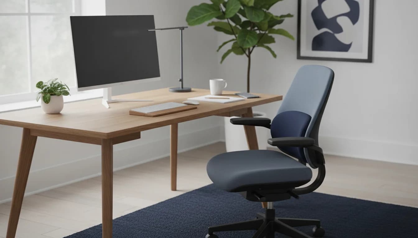 A person sitting at a desk with a contoured lumbar support pillow behind their lower back, keeping the spine upright against the chair