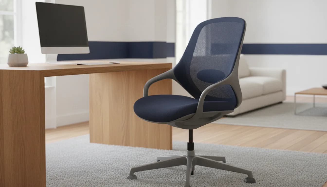 An ergonomic mesh office chair with adjustable lumbar support set up at a desk in a home office, presented as an Aeron alternative