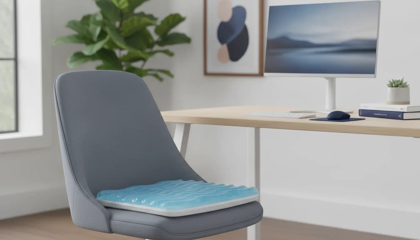Person seated at a desk on a gel seat cushion that spreads pressure under the sit bones during long work
