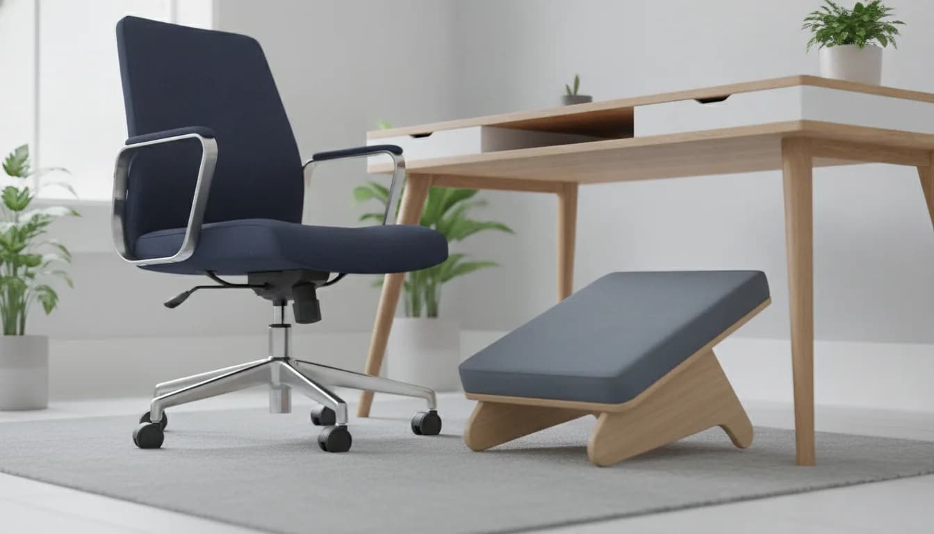 Person at a desk with feet resting on an ergonomic foot rocker, legs supported and ankles free to move