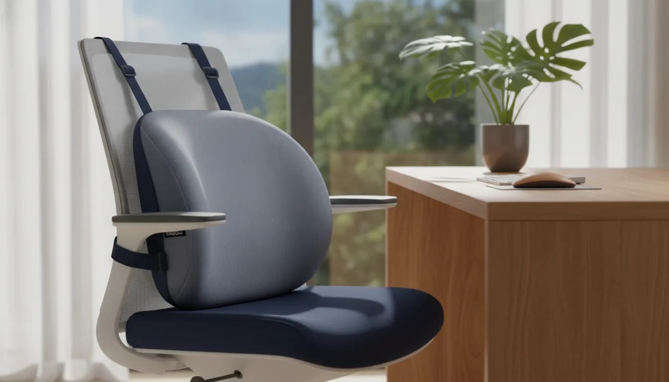 Person sitting at a desk with an ERGOLA lumbar support pillow in the curve of their office chair
