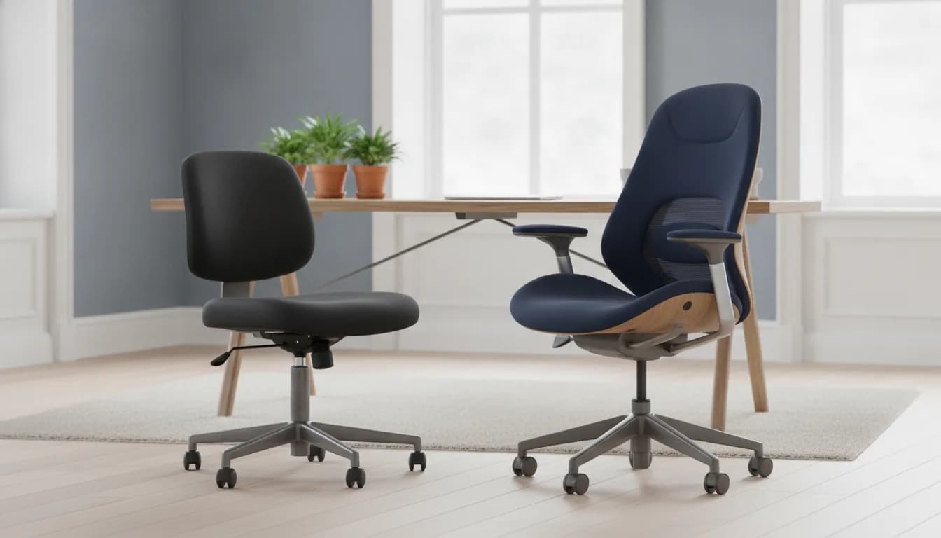 An office comfort kit with a lumbar support pillow and seat cushion set up on a desk chair in a home office