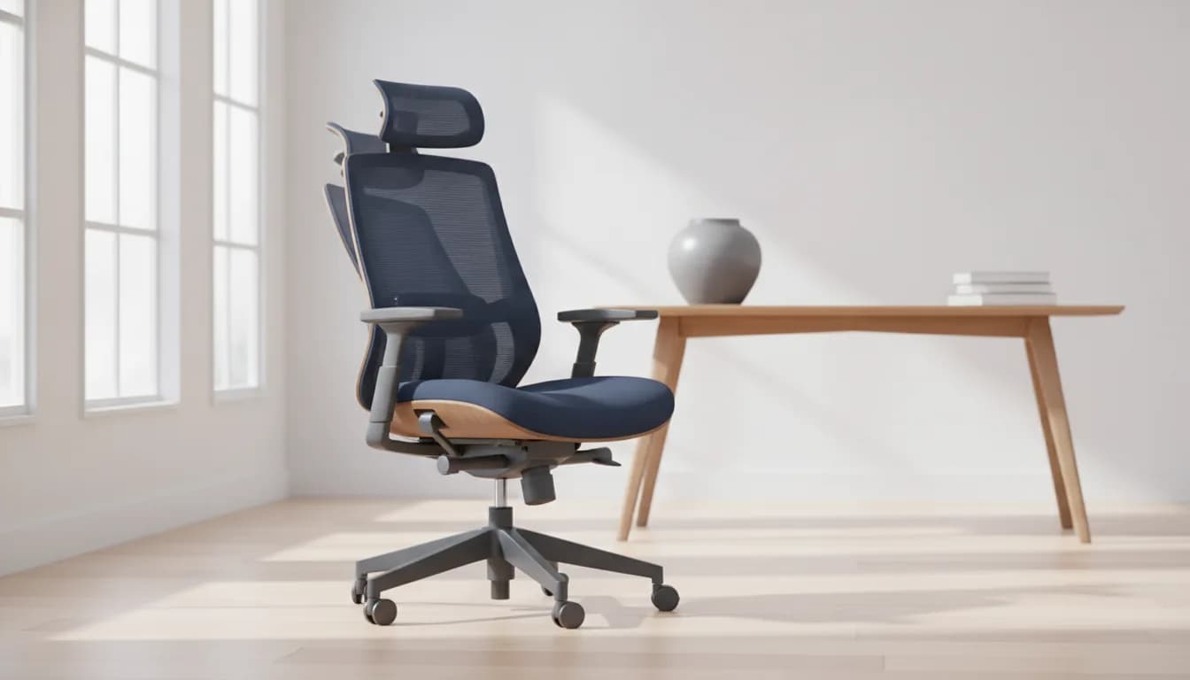 Ergonomic executive mesh office chair at a desk in a bright home office, shown from the side with lumbar support and adjustable armrests