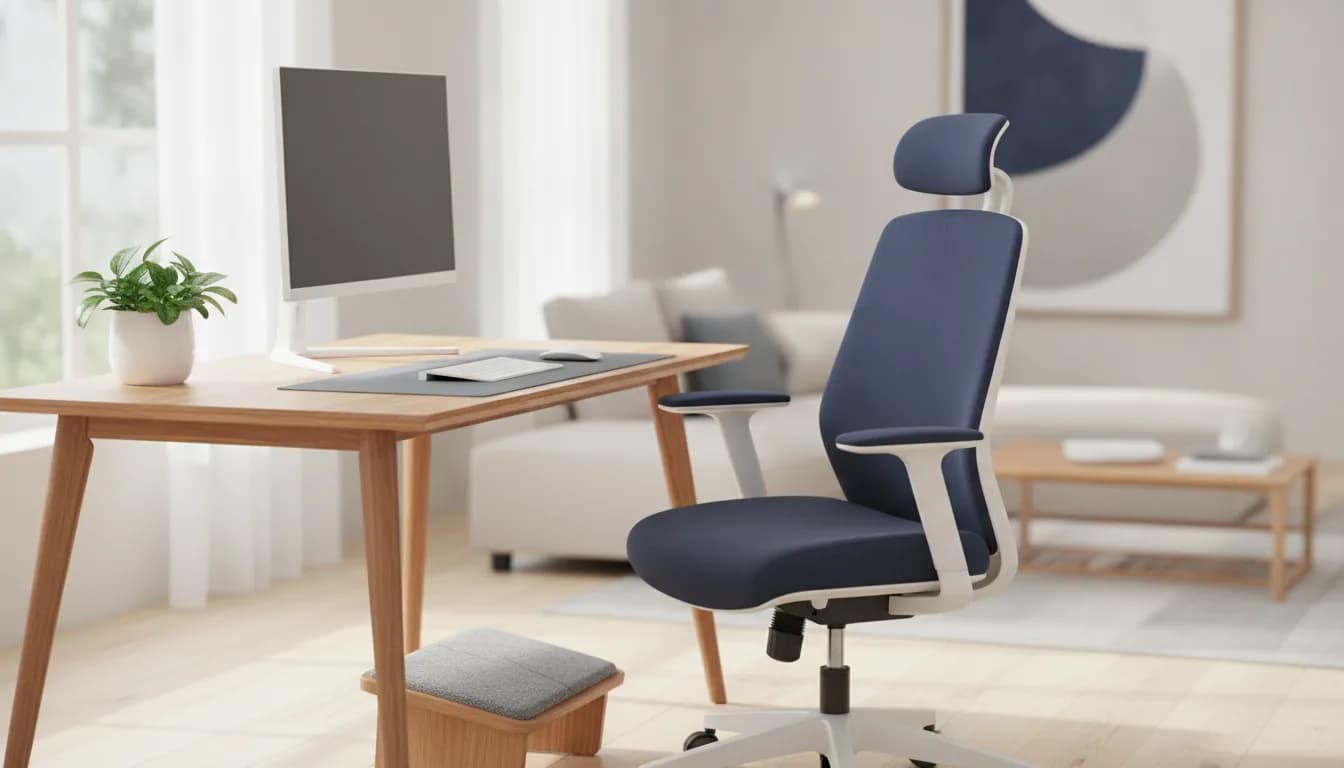 A tidy home-office desk with an ergonomic chair, supported lower back, eye-level monitor and feet resting flat