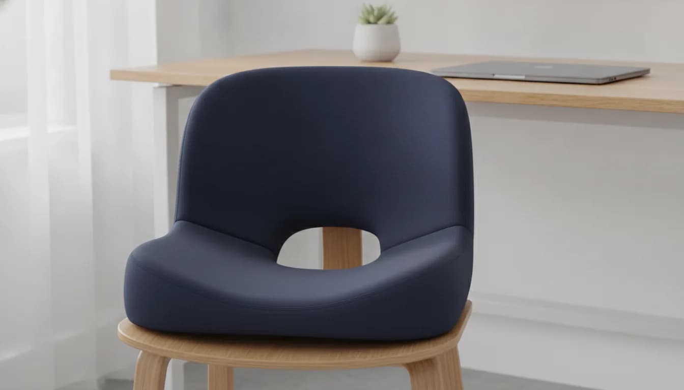 Person seated at a desk on a memory foam cutout cushion that lifts pressure off the tailbone during long work