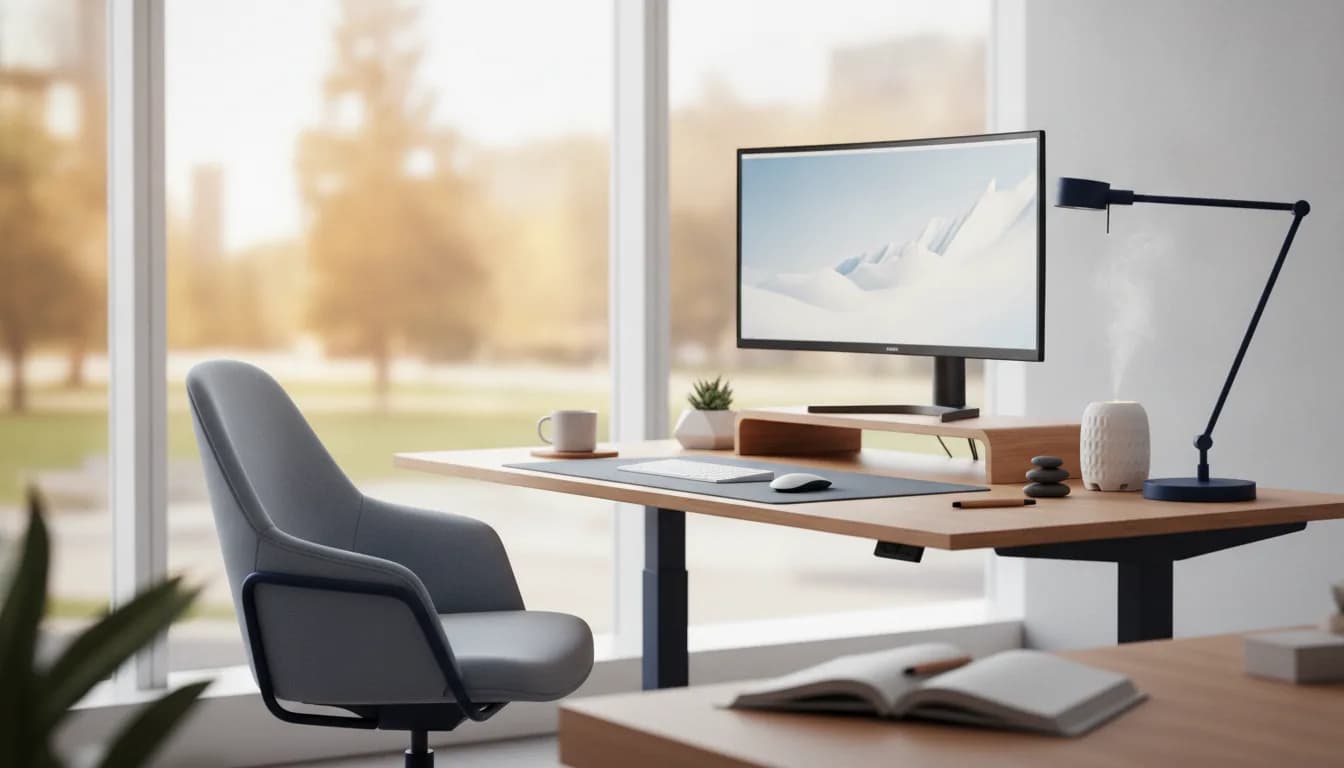 Person at a height-adjustable standing desk in a home office, screen at eye level and posture upright while working